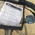 A bicycle handlebar with a route card and a digital speedometer.
