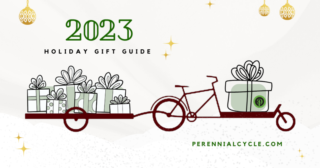 A holiday-themed header showing a cargo bike pulling a trailer full of gifts.