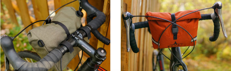 Two images of bicycle handlebars showing the front and back of the Arkel handlebar bag.
